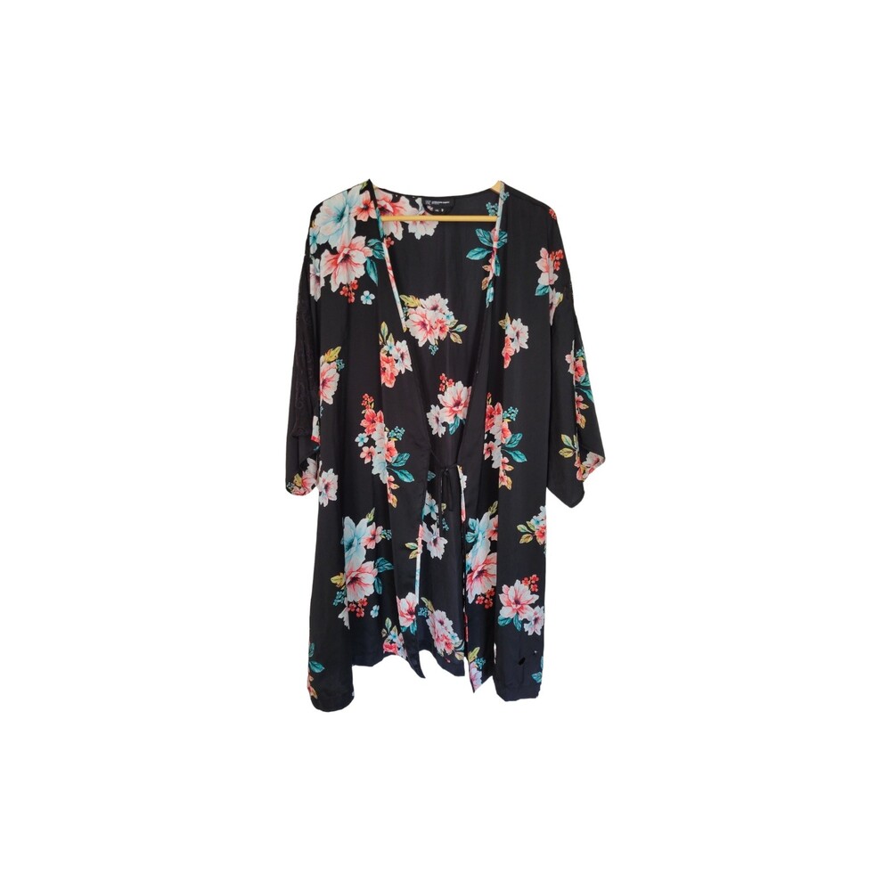 INC Intimates Robe Women XXL Black Tie Closure Floral Lace Lightweight